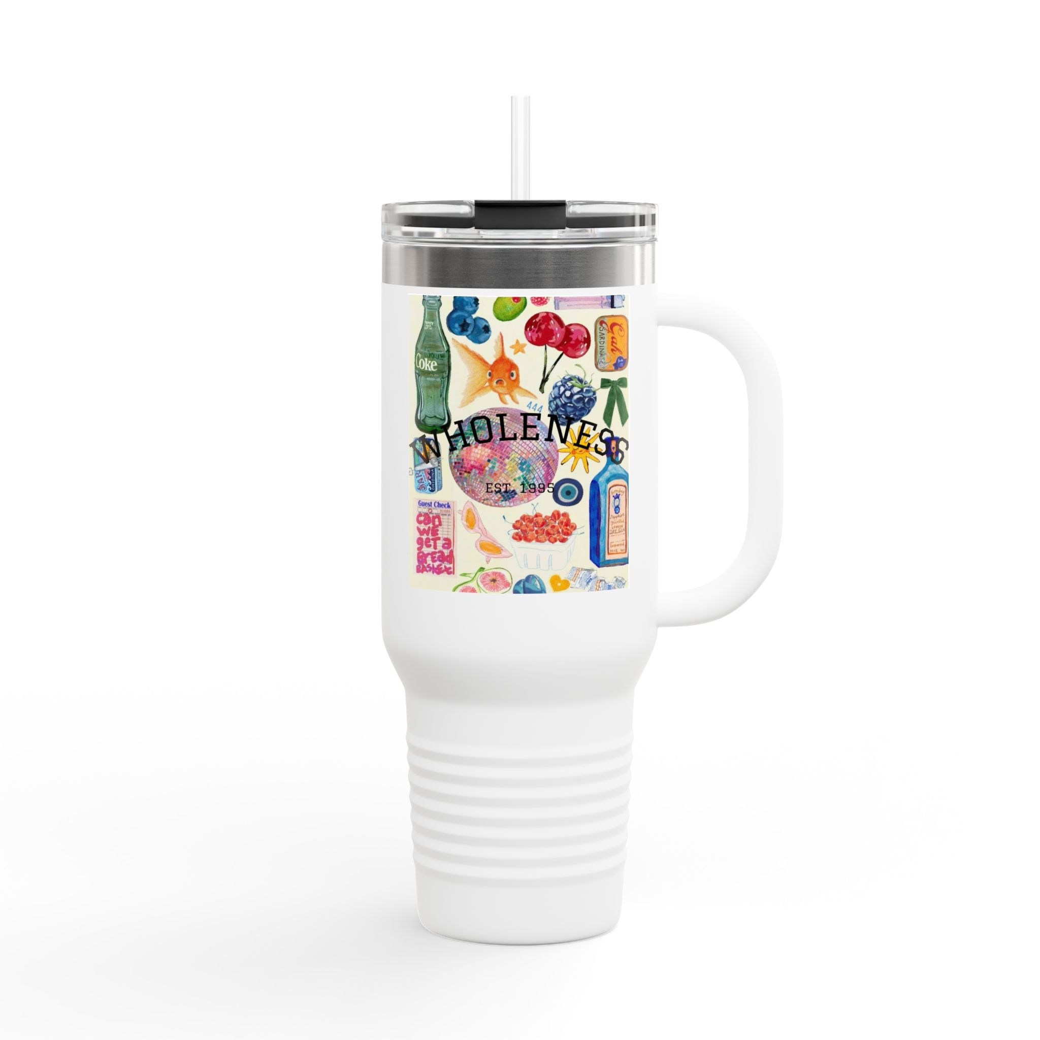 40oz Insulated Travel Mug — Colorful Wellness Bottle Illustration