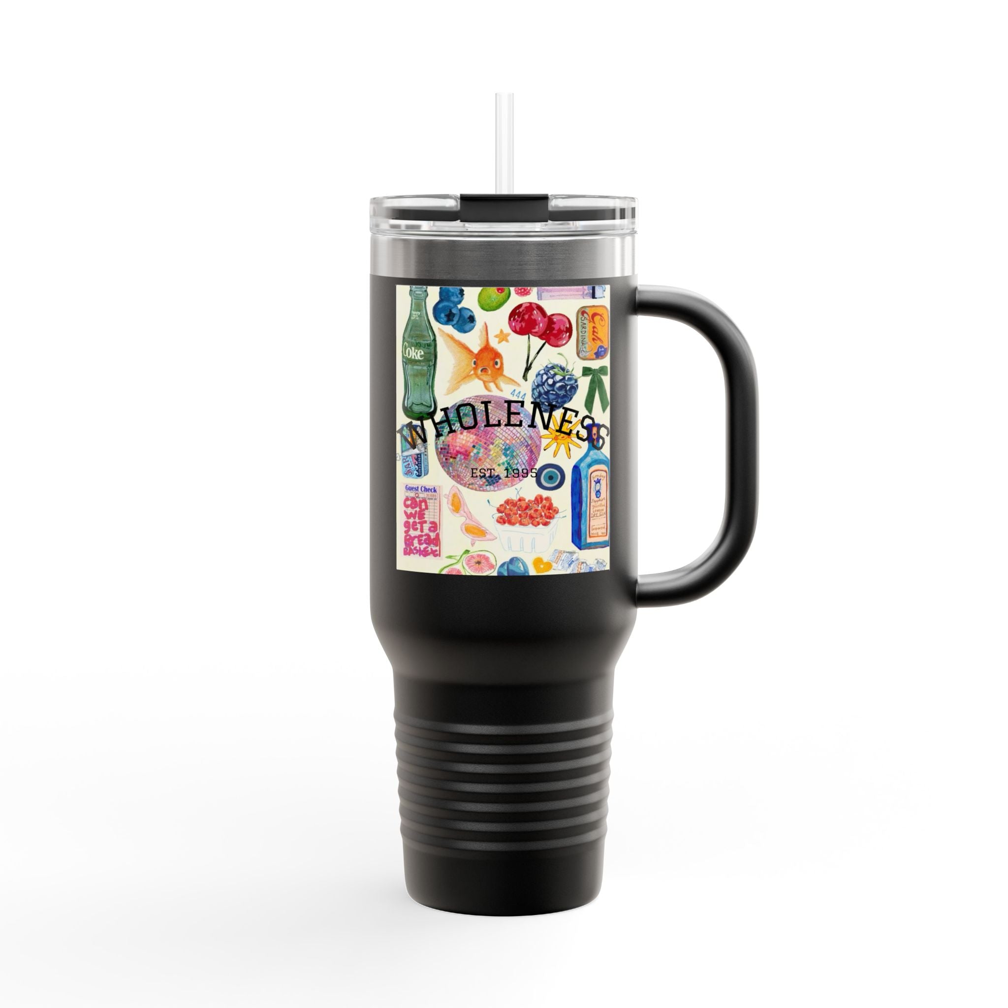 40oz Insulated Travel Mug — Colorful Wellness Bottle Illustration